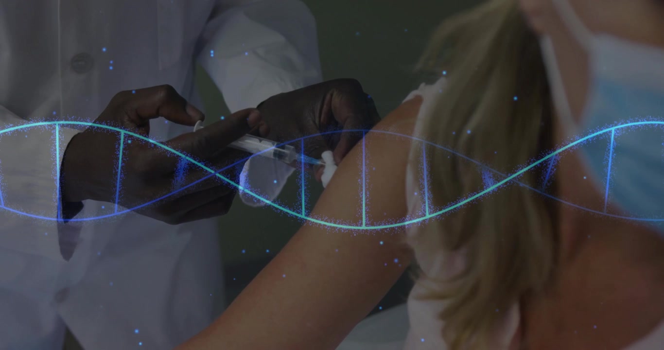 Patient exposing arm triggers provider cleaning swab then injecting vaccine as blue helix sweeping