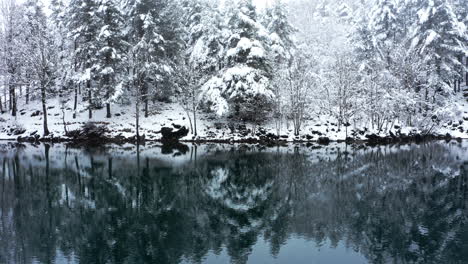 a serene snowy forest reflected in a calm lake, evoking peace and solitude