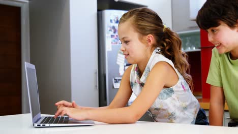 Siblings-using-laptop-in-kitchen