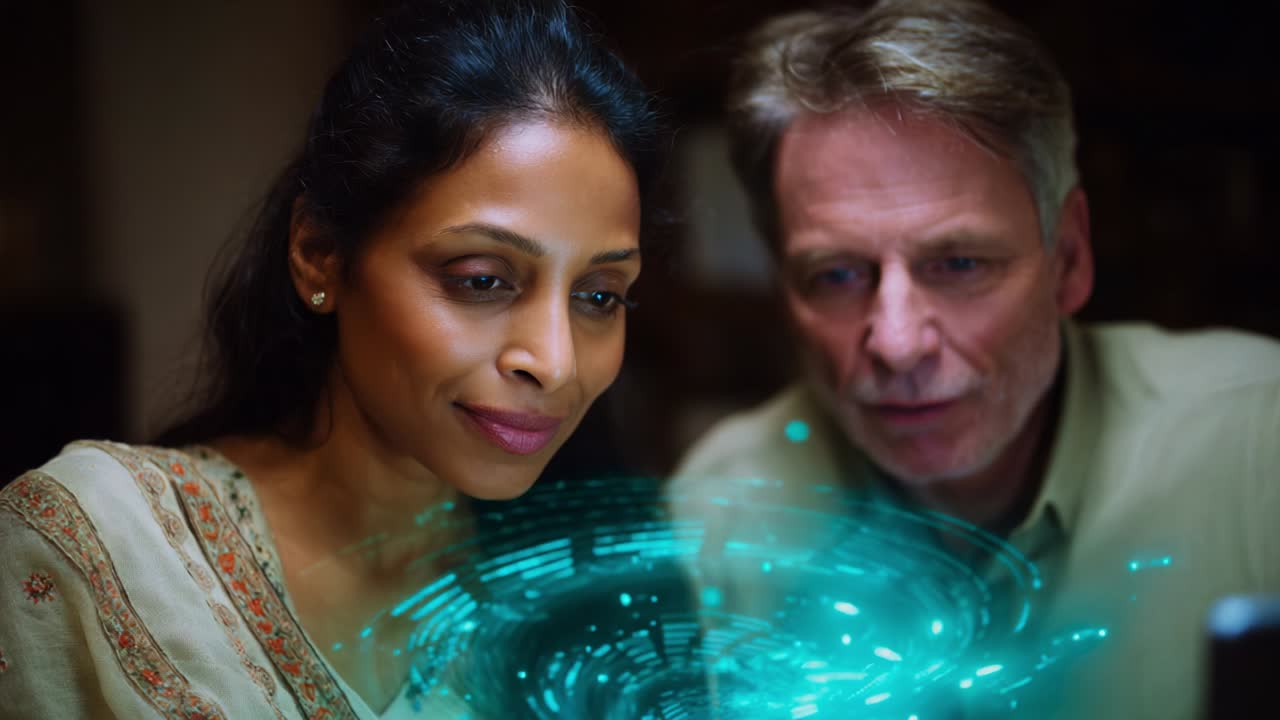 A Captivating Scene of Two People Engaged in Deep Exploration Using Advanced Technology, Highlighting a Fascinating Visual Display of Multidimensional Patterns and Data Interactions in an Intimate Setting