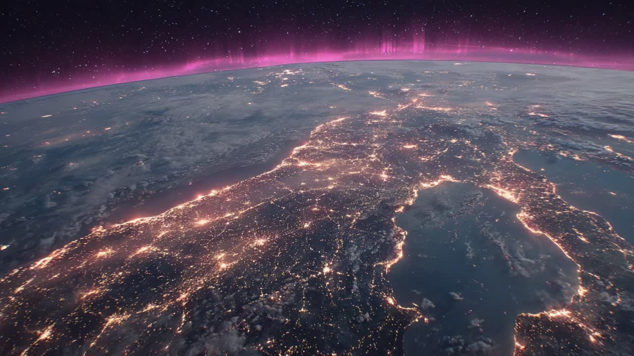 Breathtaking View of Earth's Surface at Night with Illuminated Cities and Ethereal Aurora Borealis in the Background Captured from Space