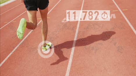 running on track, athlete with time and data processing animation