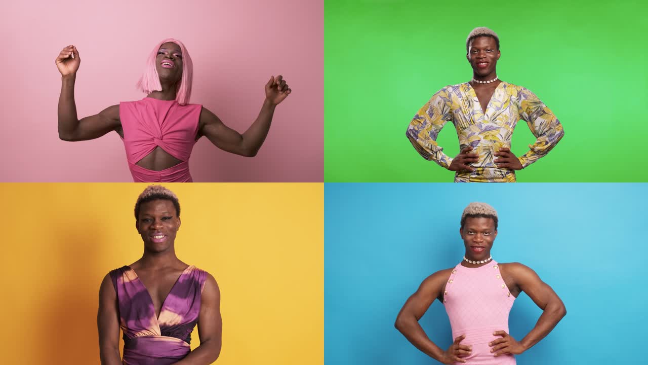 Multiple Screen Montage: positive black transgender person in different female outfits