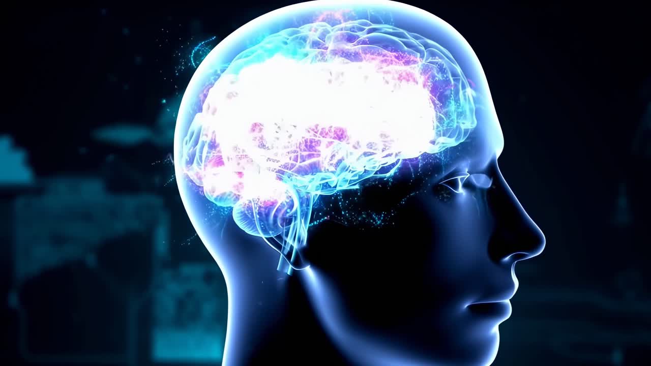 Vista laterale di un cervello luminoso in stile digitale, perfetto per un concept video futuristico.