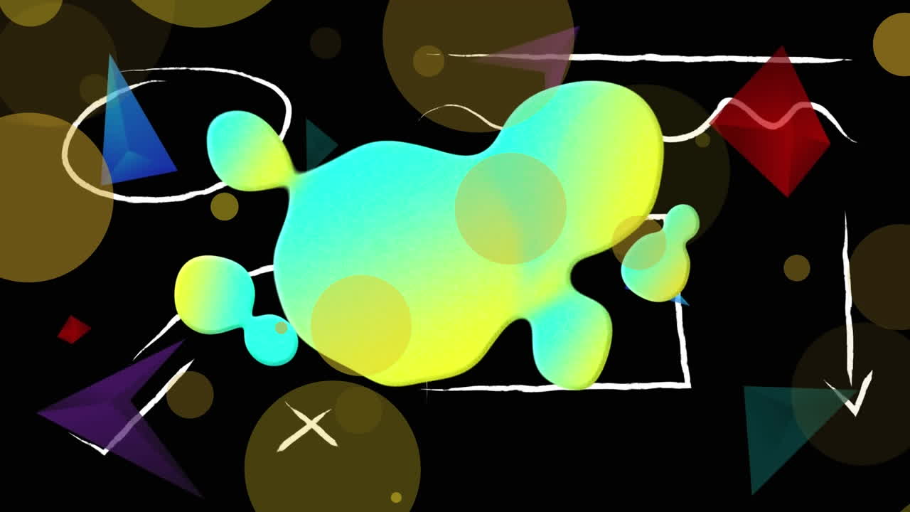 검은색 배경의 반점 위에 초록색 모양과 화살표의 애니메이션