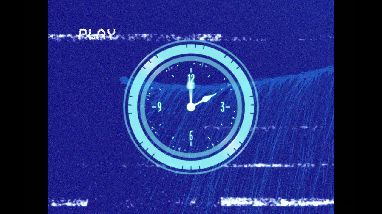 Animation of interference and moving clock over light trails on blue background