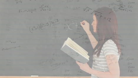 mathematical equations against teacher writing on blackboard