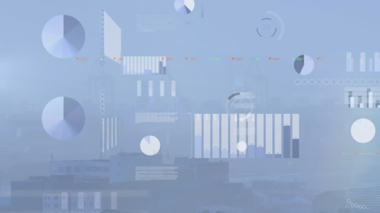 Animation of statistical data processing against aerial view of cityscape
