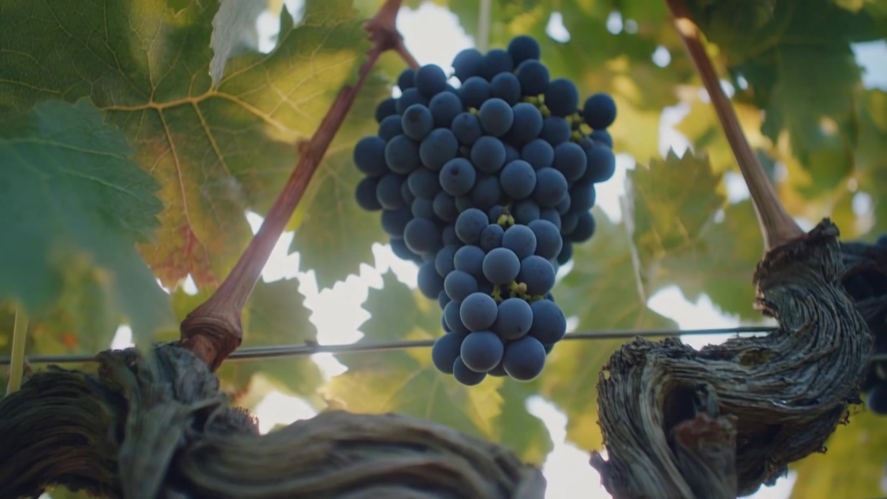 Primo piano di uva viola matura appesa a una vite in un vigneto.