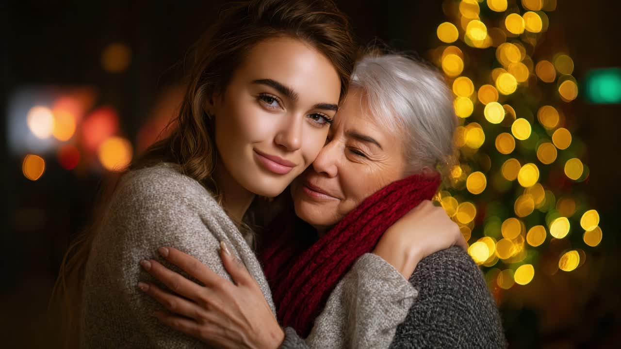 Un tenero momento di affetto: una giovane donna e la sua anziana parente si abbracciano tra le luci soffuse delle feste, catturando l'essenza dell'amore e del legame durante le celebrazioni invernali