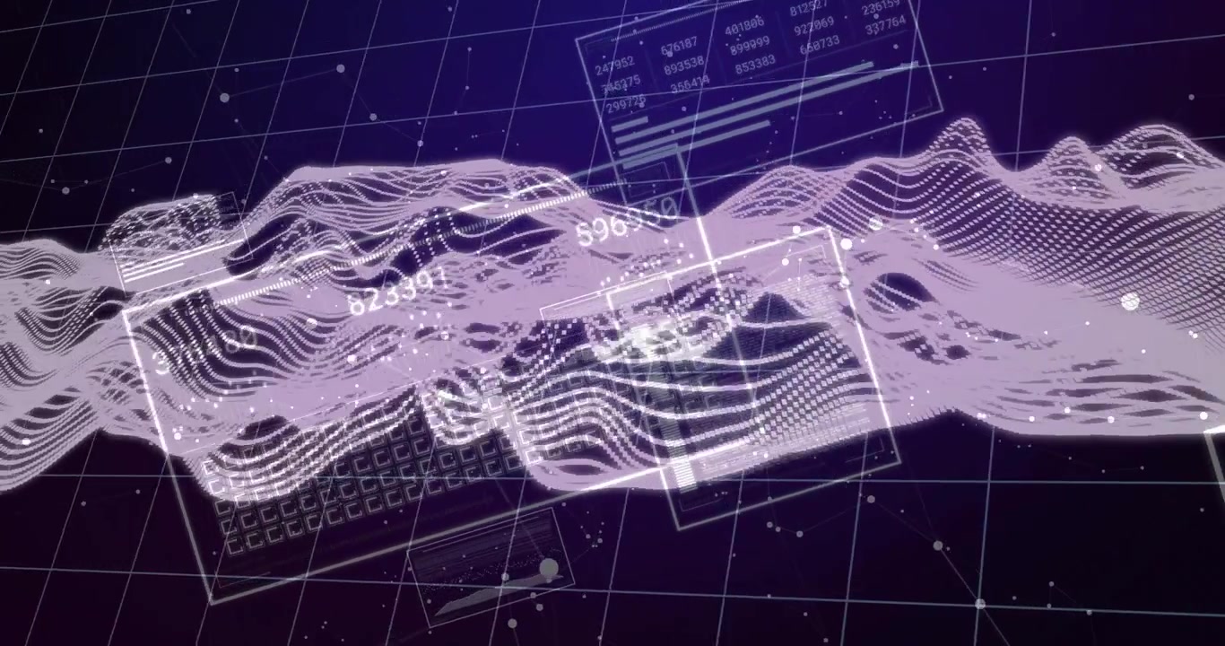 On data input, waveform ribbon flowing across grid while updating HUD numbers for analytics