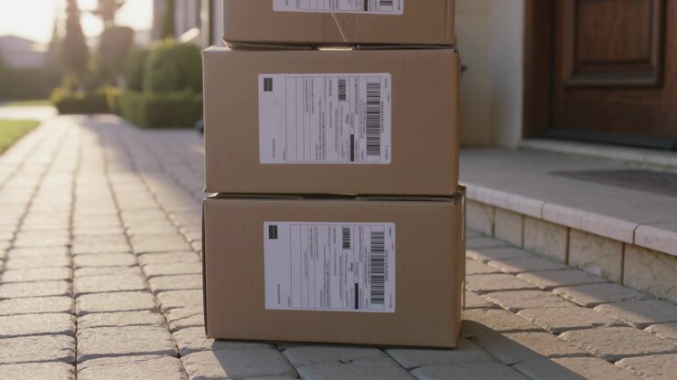 Camera pulling back revealing three boxes on path with labels facing front, showing doorway