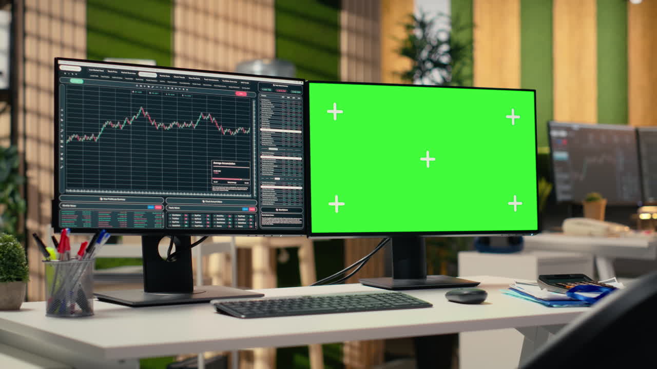 Trading software in proprietary firm office with graphs on green screen PCs