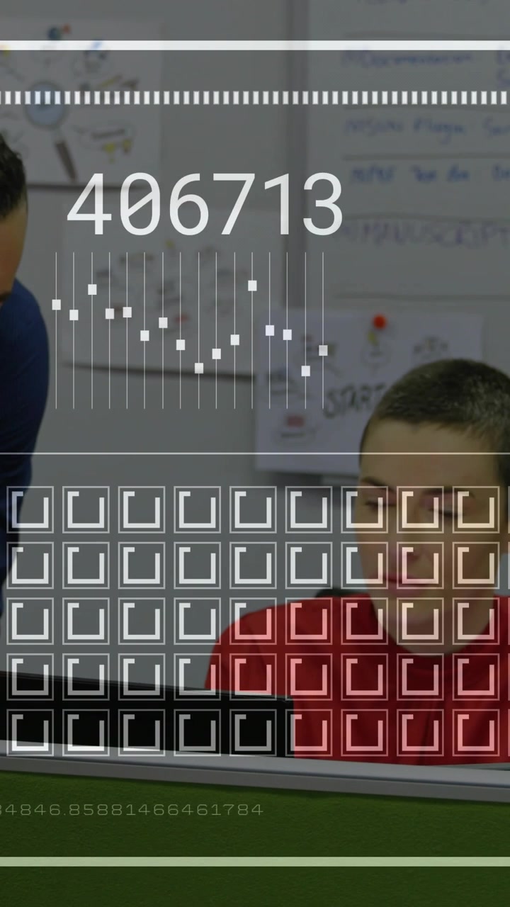Vertical video: Woman analyzing live business data at desk, animated numbers and waveform updating