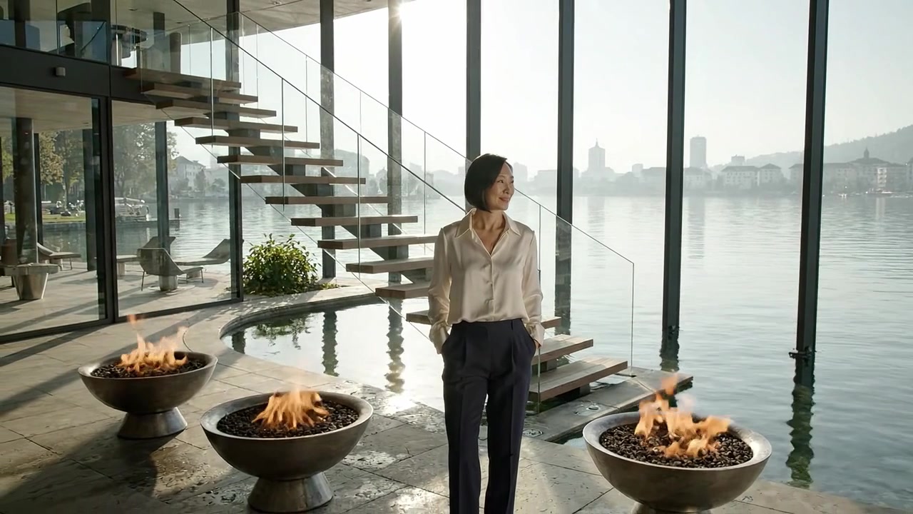 Un ambiente interior sereno con una mujer de pie junto a elegantes cuencos de fuego, con un telón de fondo de grandes ventanales que dan a un tranquilo cuerpo de agua en una arquitectura moderna