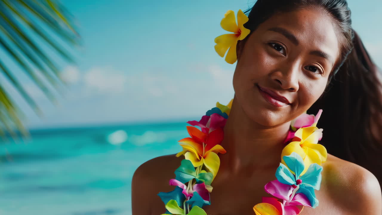 A woman wearing a lei and flowers in her hair poses on a tropical beach