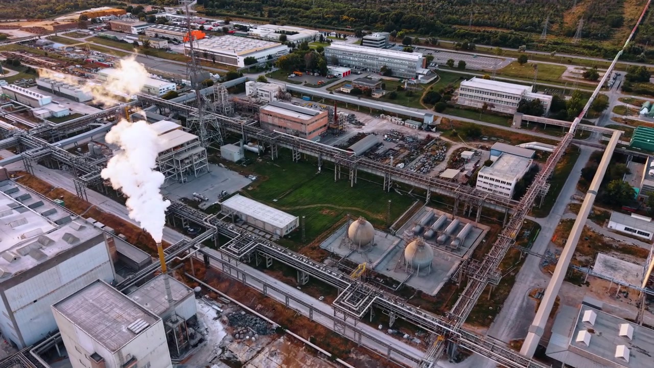 Industrial pipe network with steam stacks and vessels. Oblique aerial view of metal pipe racks, factory blocks, spherical tanks and white vapor columns.