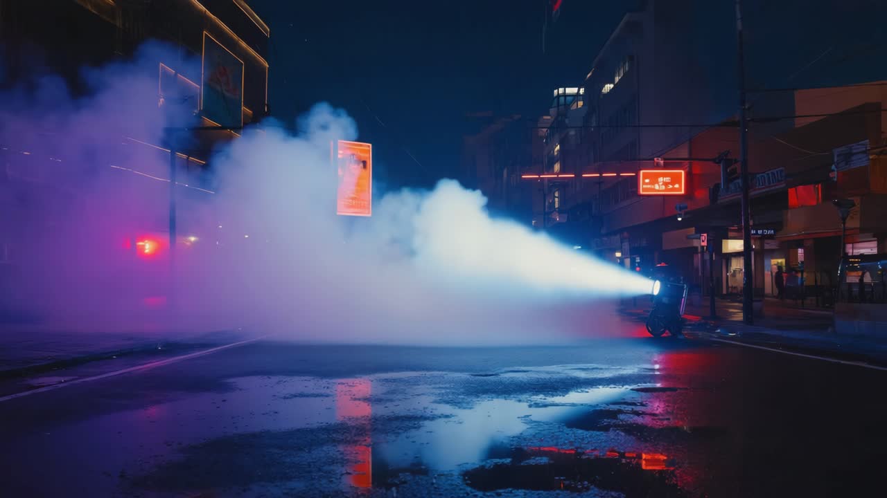 Night city street with dense fog and a piercing light beam from a vehicle