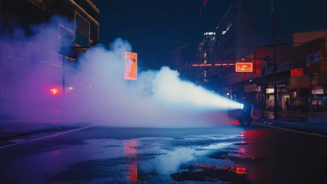night city street with dense fog and a piercing light beam from a vehicle