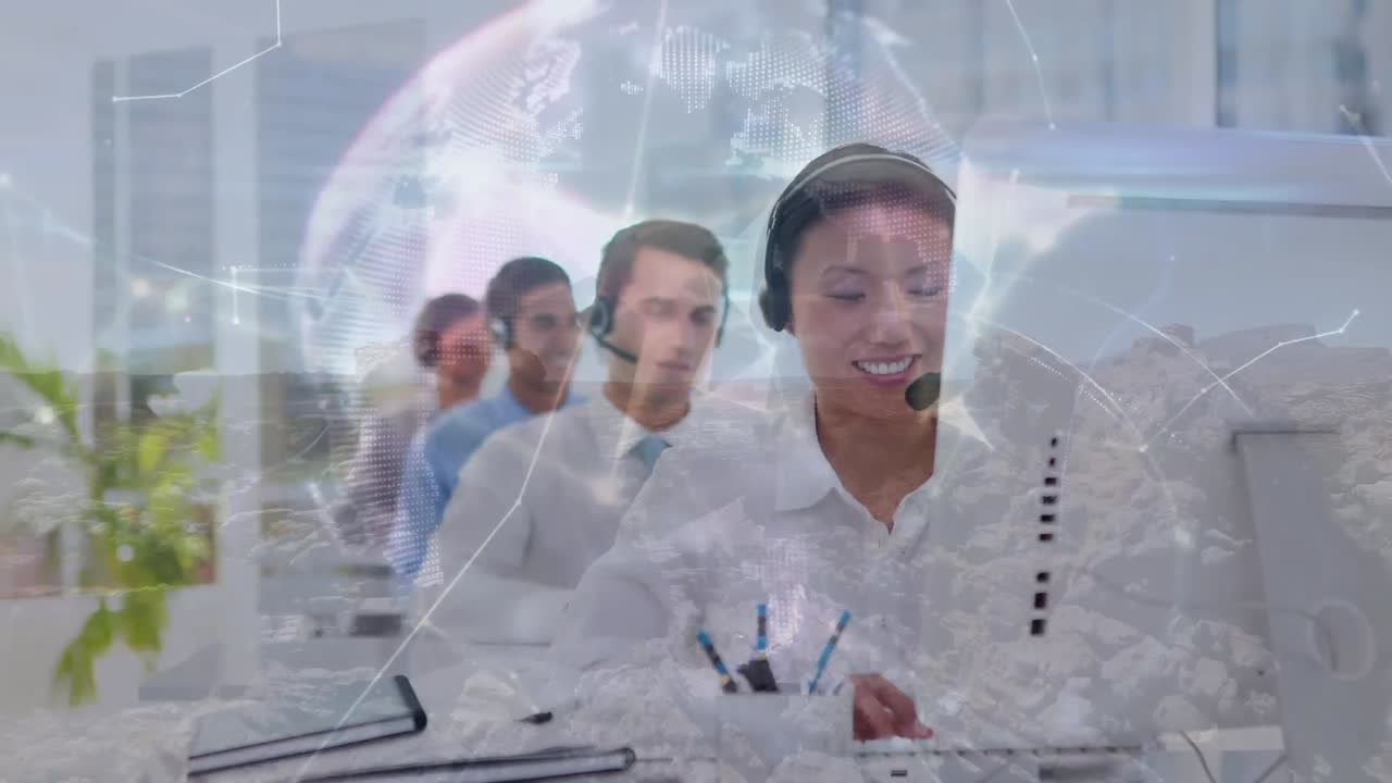 전화 헤드 ⁇ 을 사용하는 다양한 비즈니스 사람들에 대한 데이터 처리 애니메이션