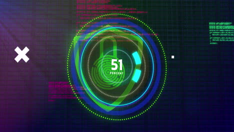Increasing percentage over neon round scanner against data processing on black background
