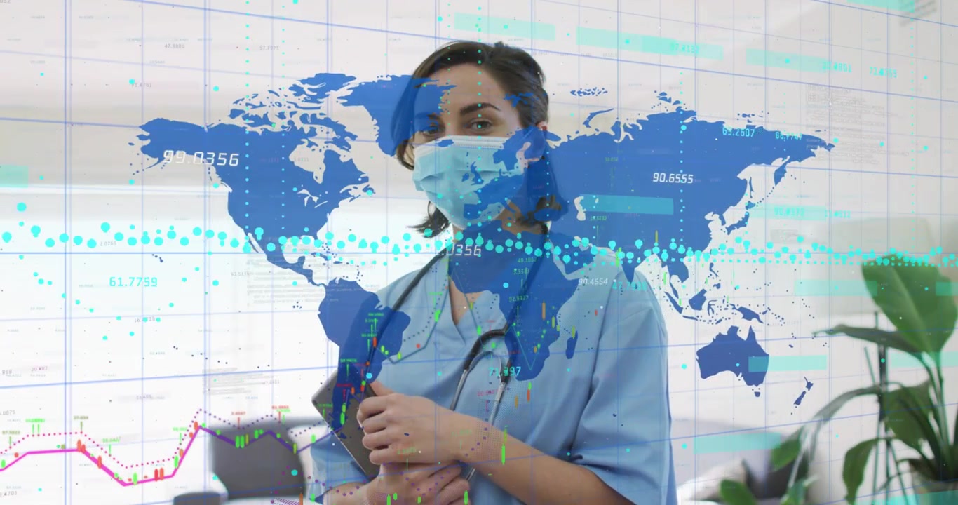 Profissional de saúde segurando o telefone, monitorando dados de saúde na clínica, com sobreposição de mapa-múndi.