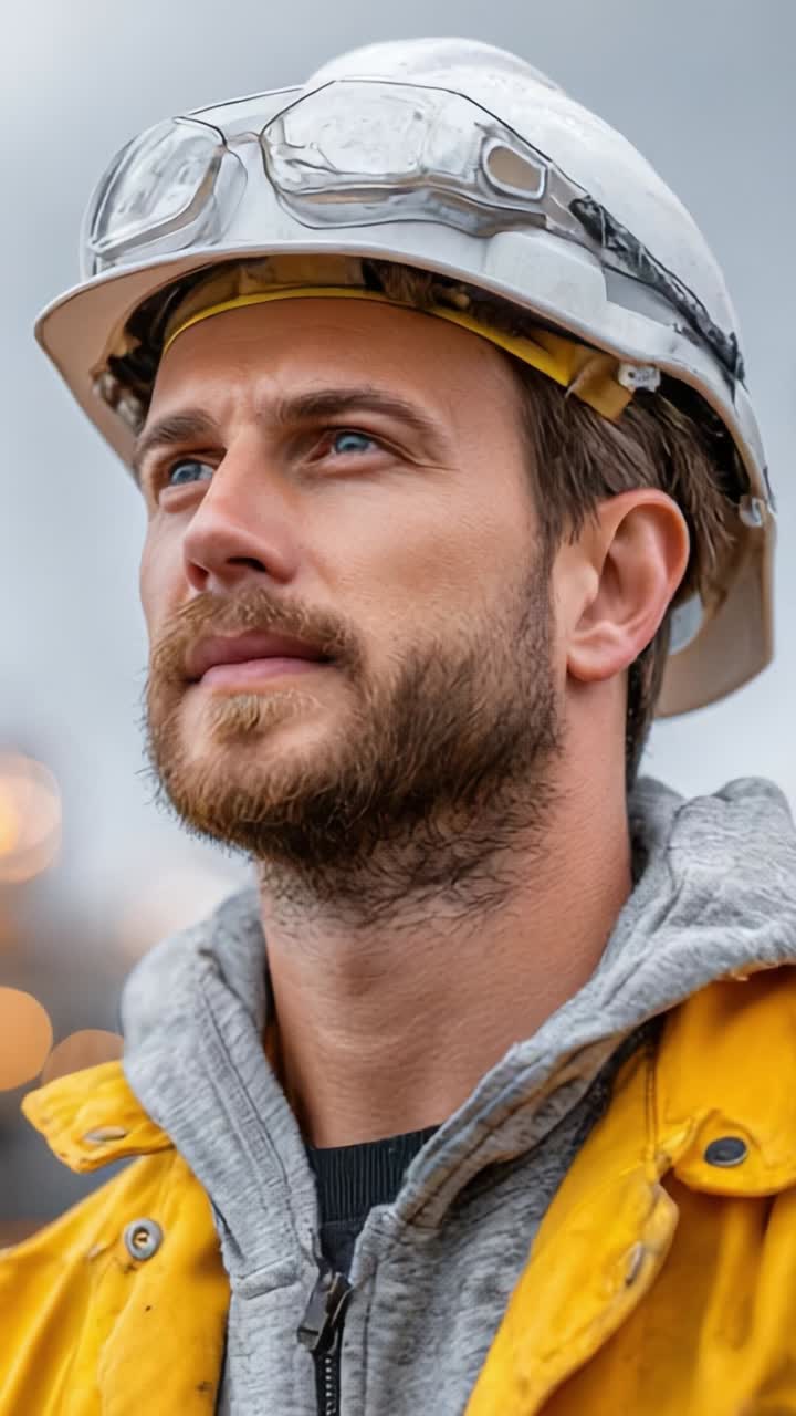 Un operaio edile determinato, con cappello e occhiali protettivi, simboleggia la sicurezza e la resilienza di fronte alle sfide in un cantiere