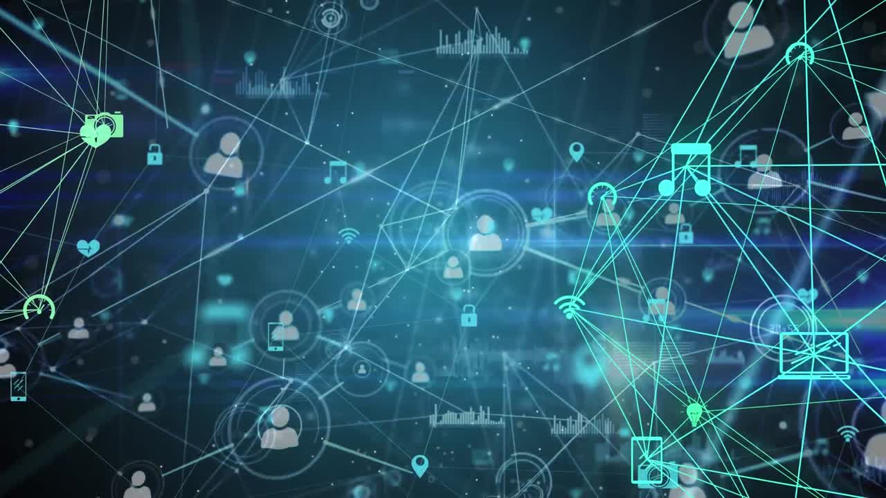 Animation of network of connections with social media icons over blue background