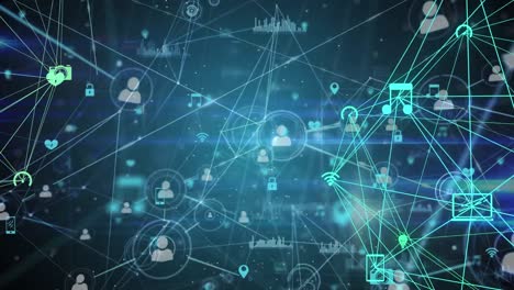 animation of network of connections with social media icons over blue background
