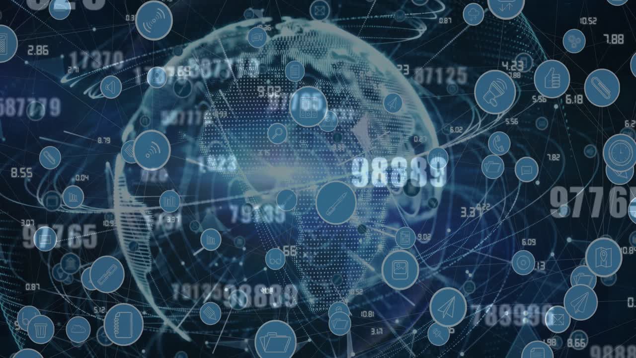 디지털 아이콘과 숫자의 애니메이션은 배경에서 전 세계에 걸쳐 변화합니다.
