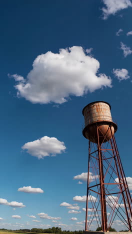 rustic water tower against blue sky with clouds