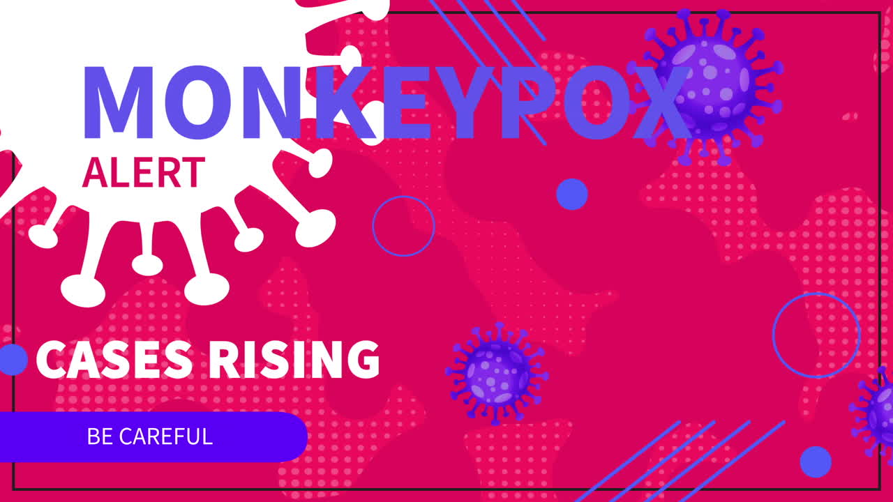 Animation of monkeypox text and virus cells over red background