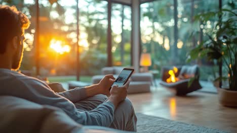 Man using smartphone in a cozy living room during sunset