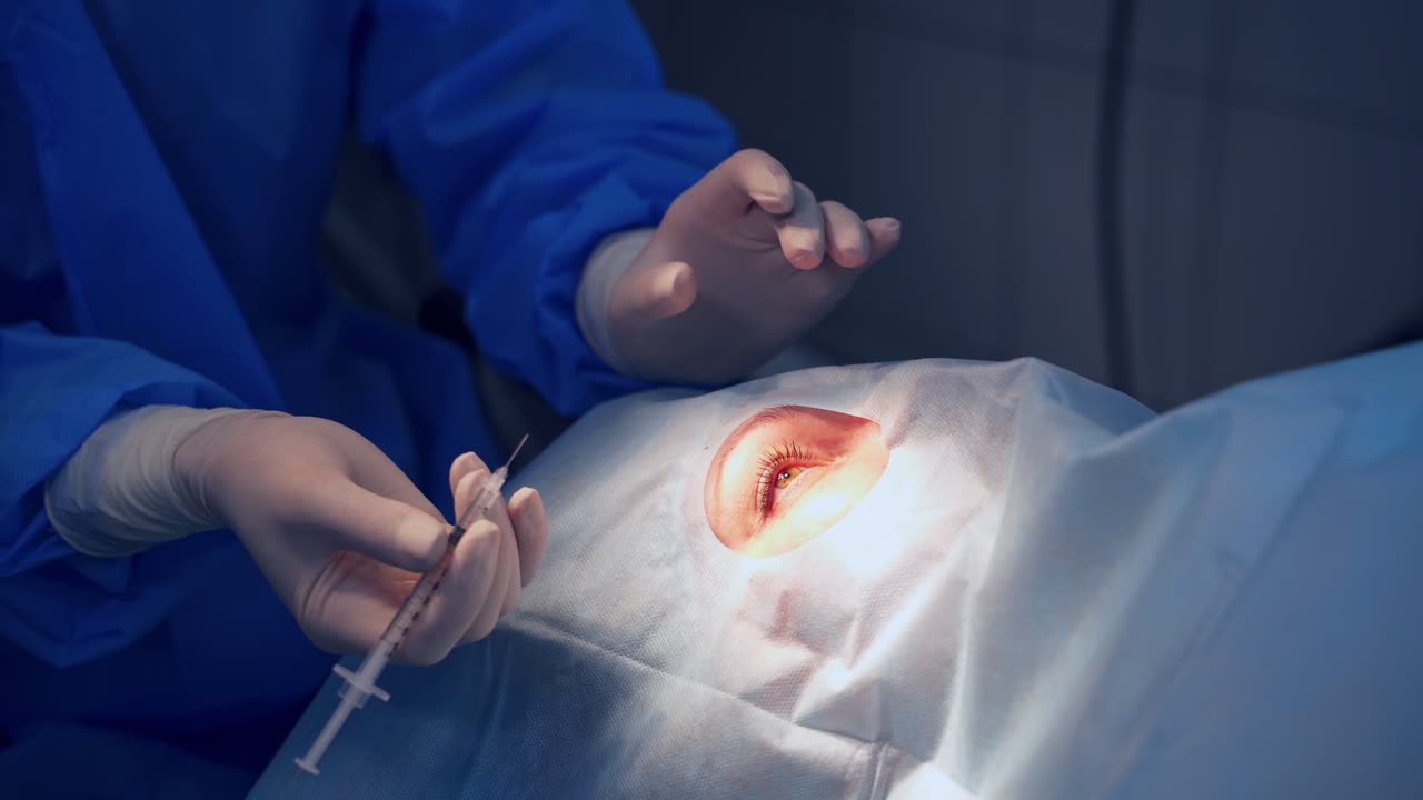 Doctor's hands in sterile gloves with syringe. Ophthalmologist making an injection into patient's eye. Close-up.