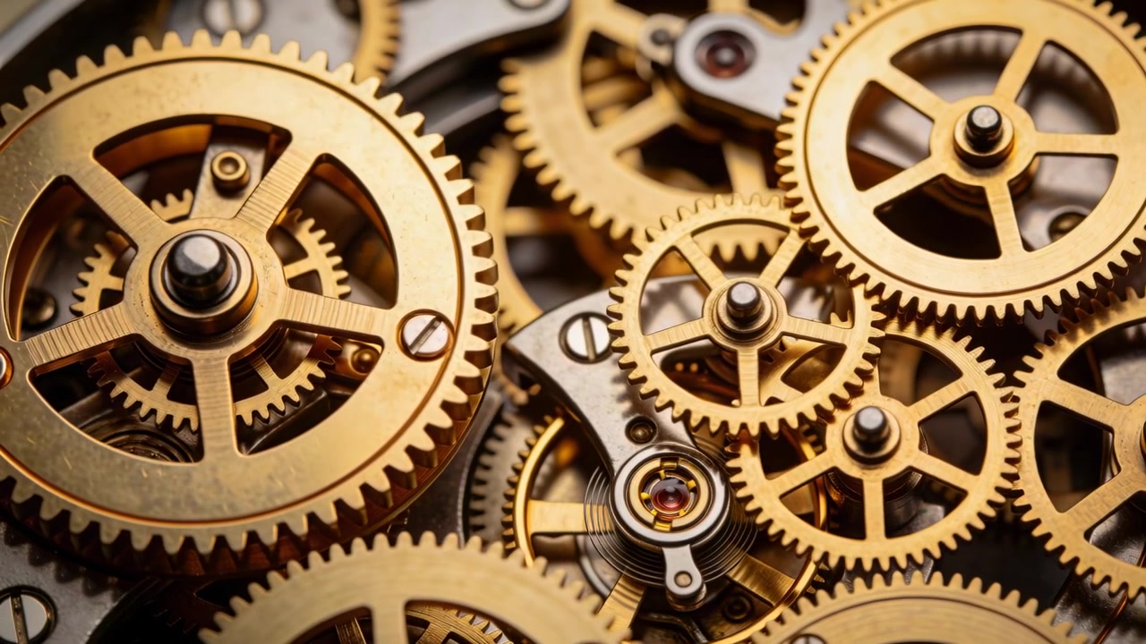 Meshing brass gears and pinions driving steel timepiece at bench, with oscillating jewel escapement