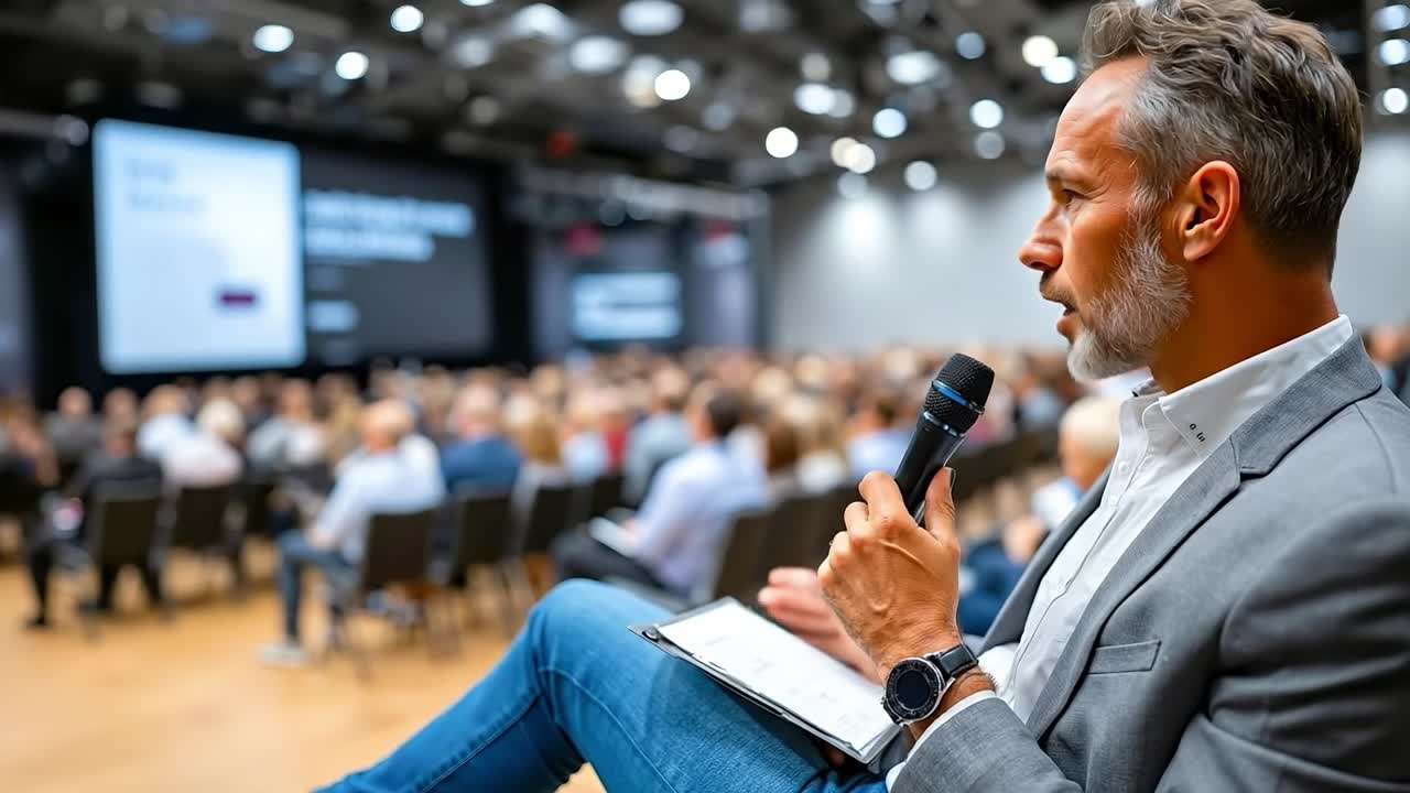 Un uomo che tiene un microfono davanti a un vasto pubblico