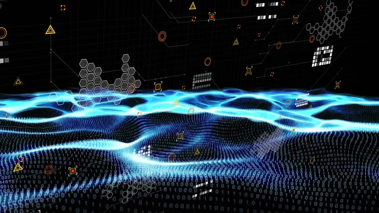 Neon-blue wave rising initiating binary digits scrolling, glyphs materializing, visualizing network
