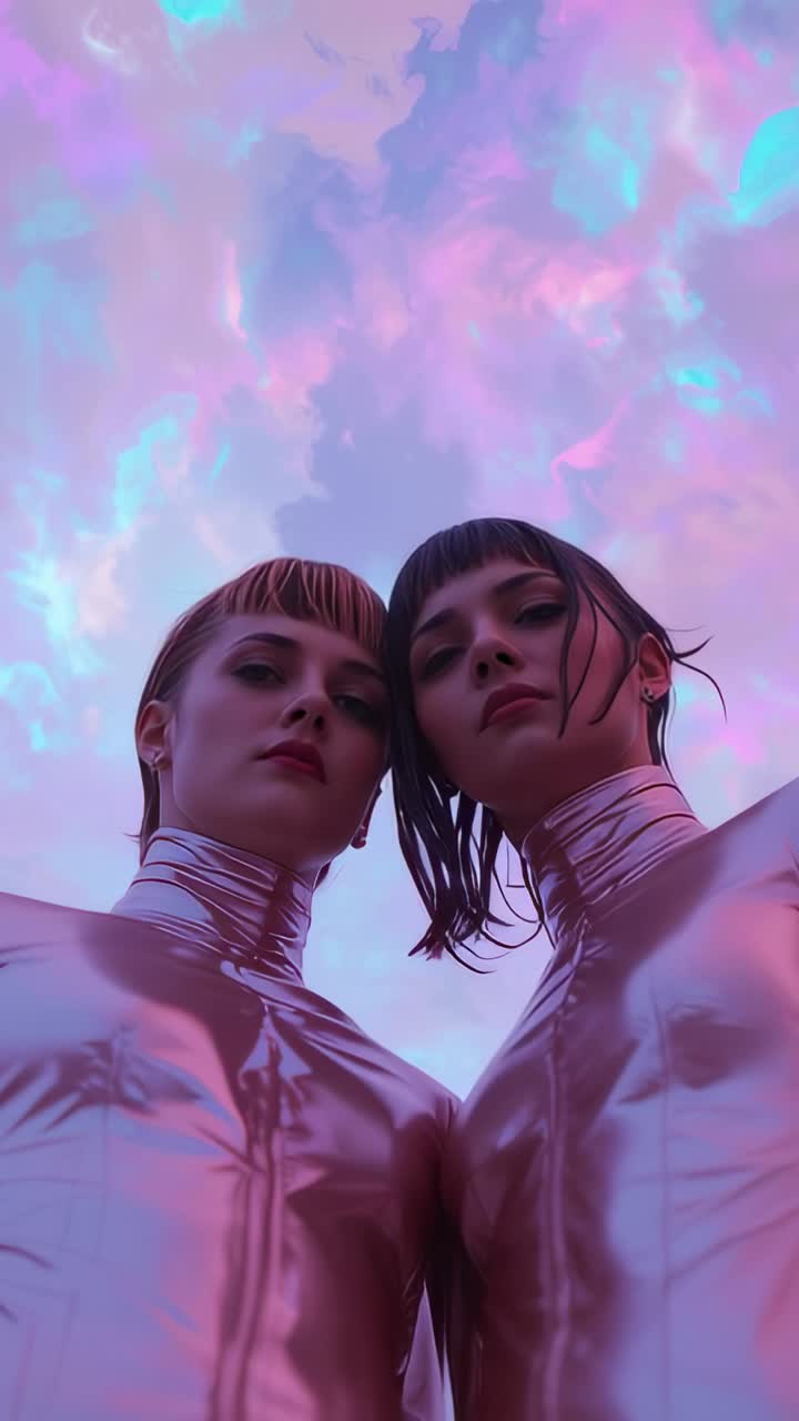Vertical video: Starting shot showing duo wearing metallic bodysuits gazing downward under dusk sky