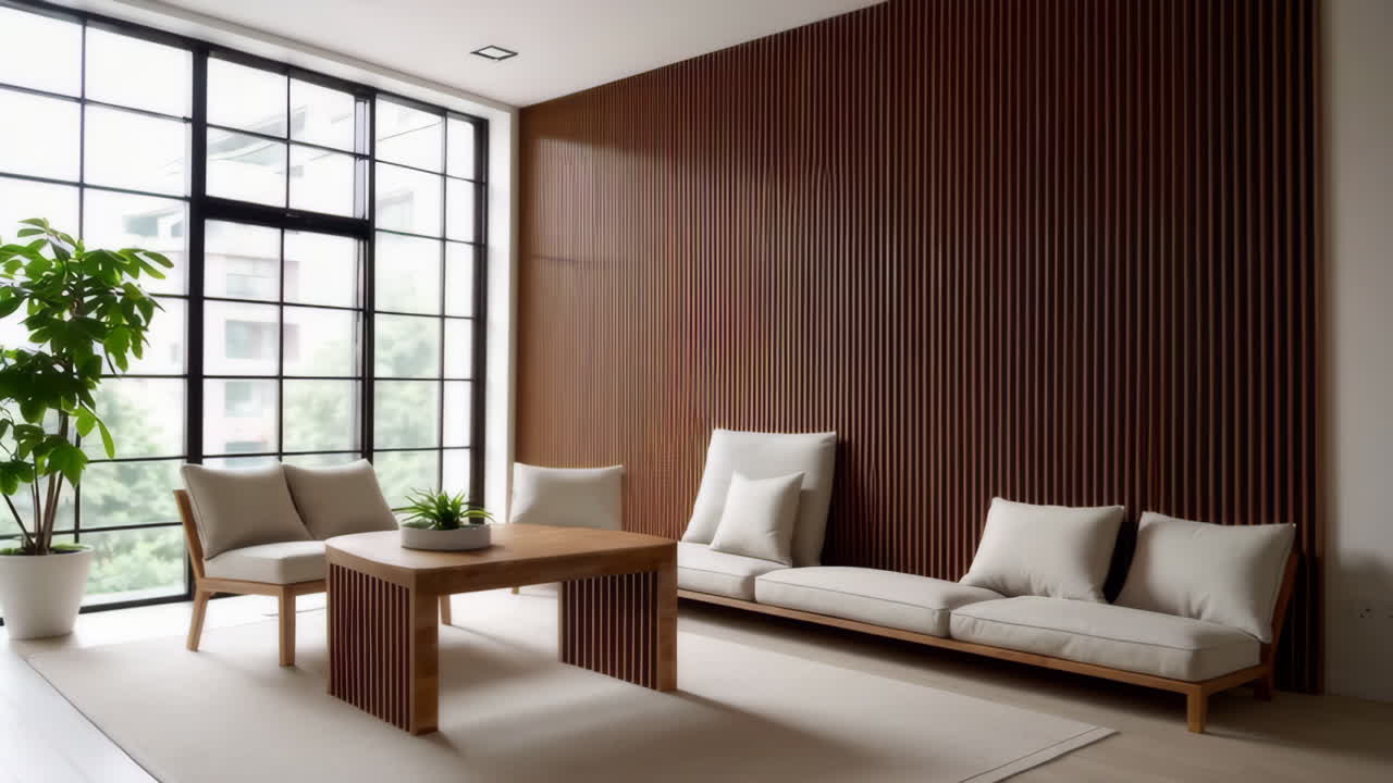 Modern Minimalist Living Room with Wooden Wall Paneling