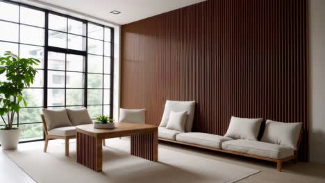 modern minimalist living room with wooden wall paneling