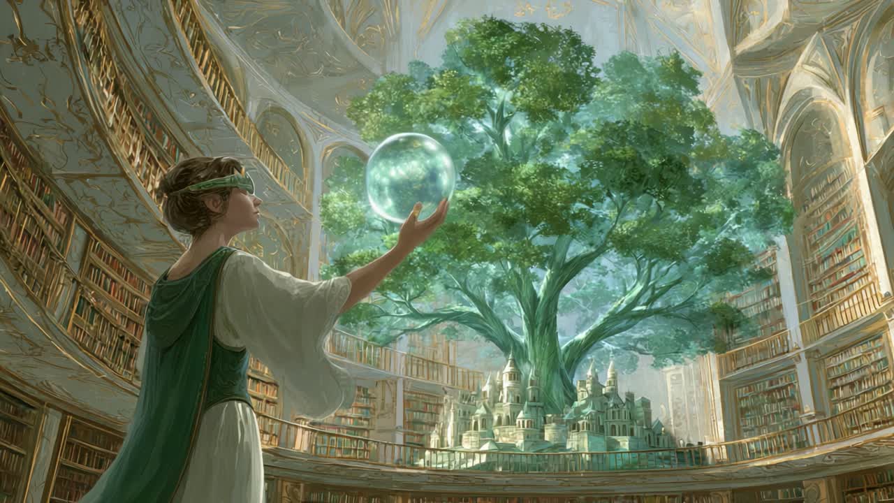 A Dreamlike Scene Featuring an Enchanting Library Merging Nature and Knowledge, Where a Serene Female Figure Holds a Mysterious Bubble Amidst a Majestic Tree Surrounded by Bookshelves and Enigmatic Architecture