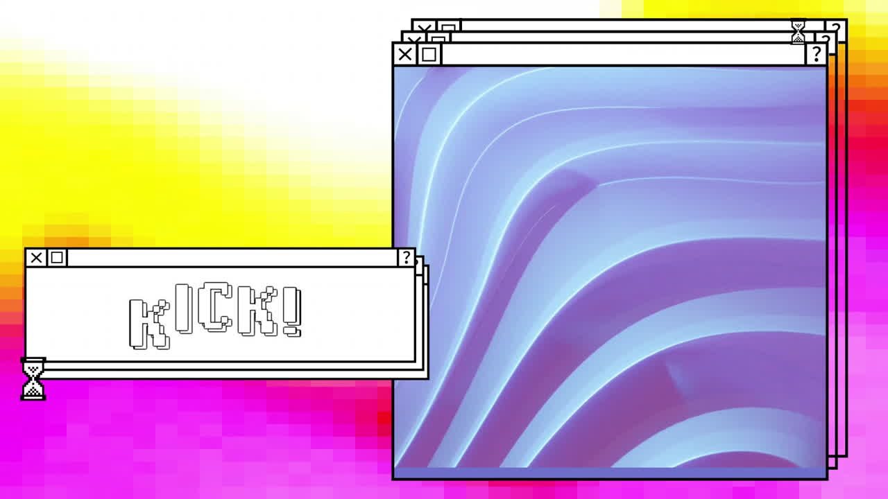 Animation of digital interface with kick text and blue shapes on colourful background