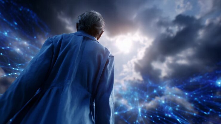 A reflective journey into the unknown, where an elderly figure stands against a backdrop of swirling clouds and shimmering connections, contemplating the mysteries that await beyond the horizon of understanding