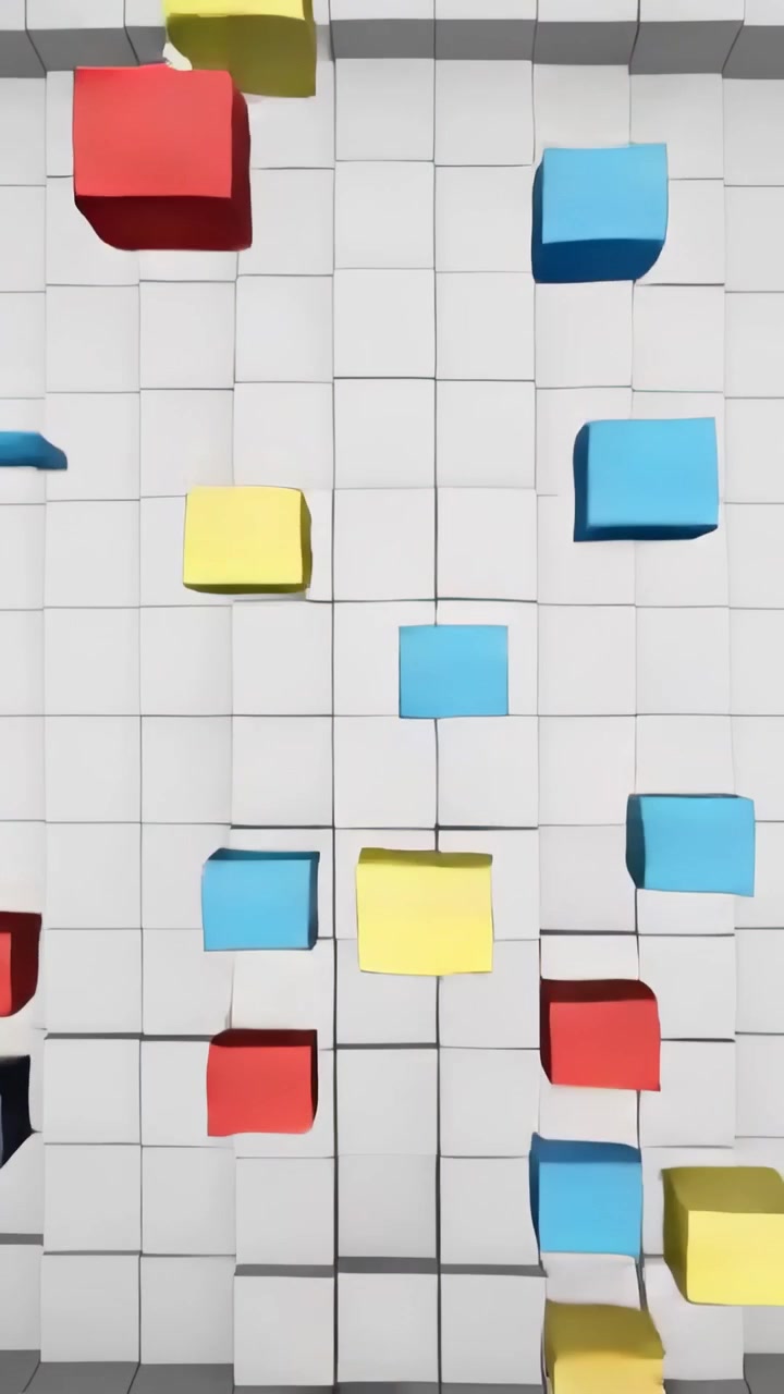 Vertical video: Appearing colored cubes forming cluster, descending and settling into dark grid