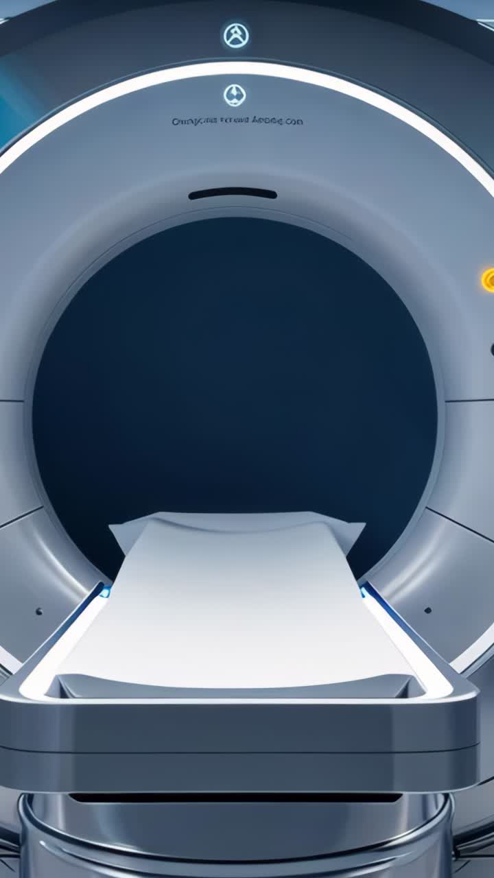 Vertical video: Gliding table into CT gantry in radiology room with LED ring and amber indicator