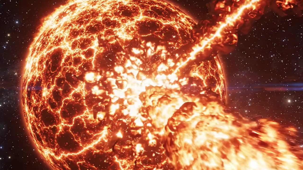 Et intenst kosmisk udbrud: Afslører den frigjorte kraft og varme fra en stjerne i oprør, der viser eksplosiv aktivitet og fantastiske visuelle effekter af himmelsk energi.