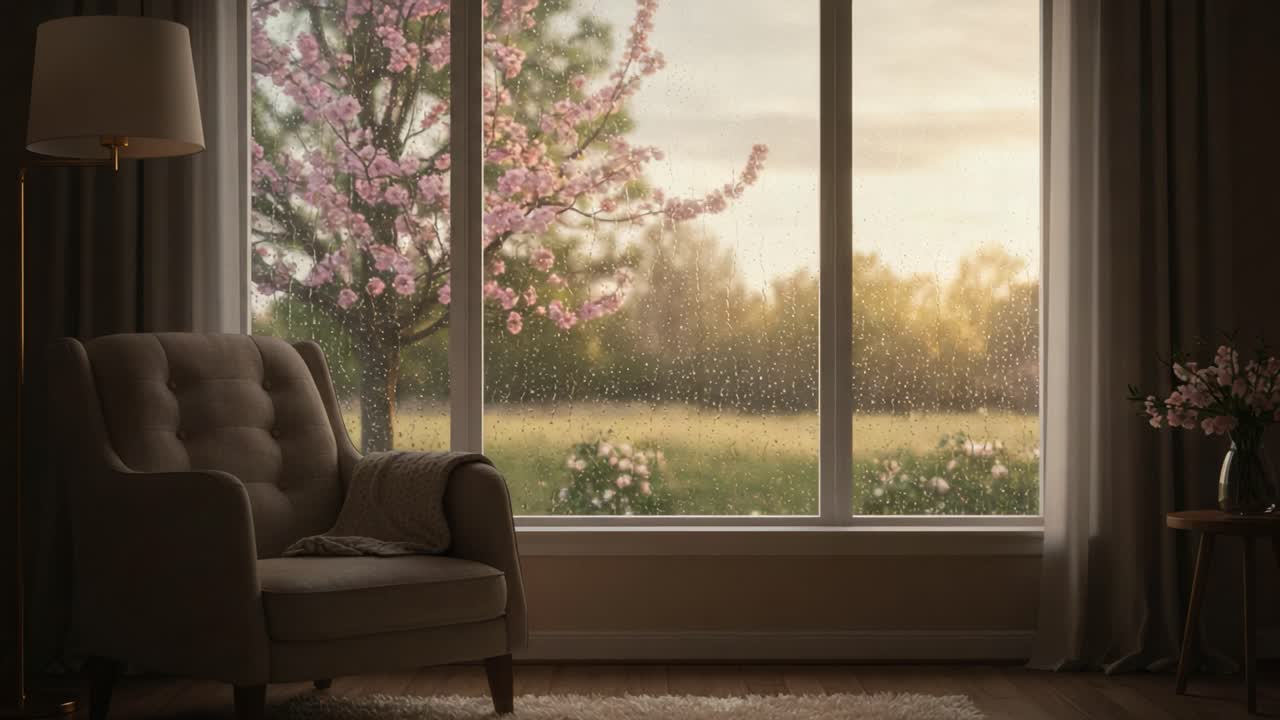 A Cozy Room with a Serene View of a Blooming Tree through a Rainy Window, Evoking Calmness and Tranquility in a Softly Lit Space