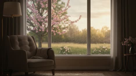 a cozy room with a serene view of a blooming tree through a rainy window, evoking calmness and tranquility in a softly lit space