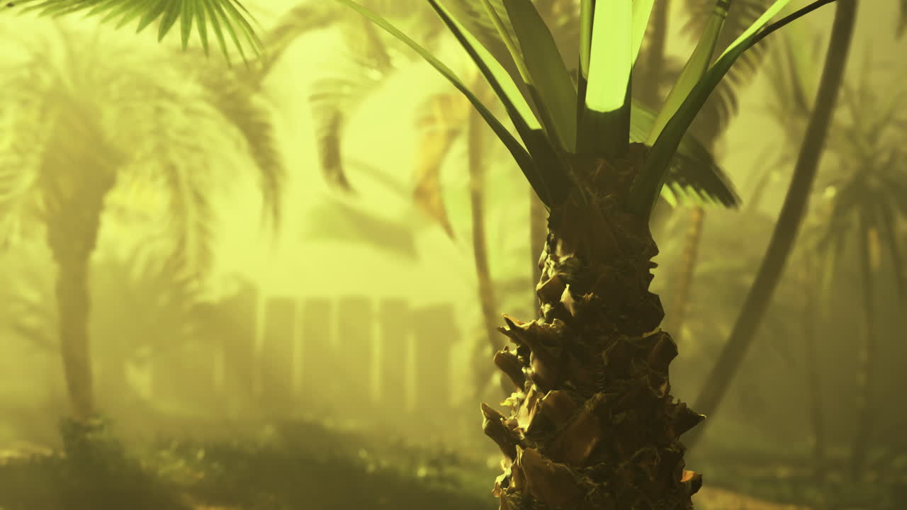 Lush tropical landscape captured during golden hour with palm trees