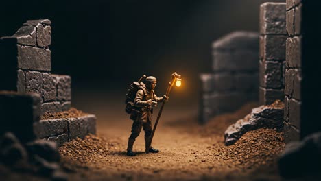 a solitary figure with a lantern navigates through ancient ruins, highlighting courage and exploration in a narrow, dimly lit pathway surrounded by crumbling stone walls